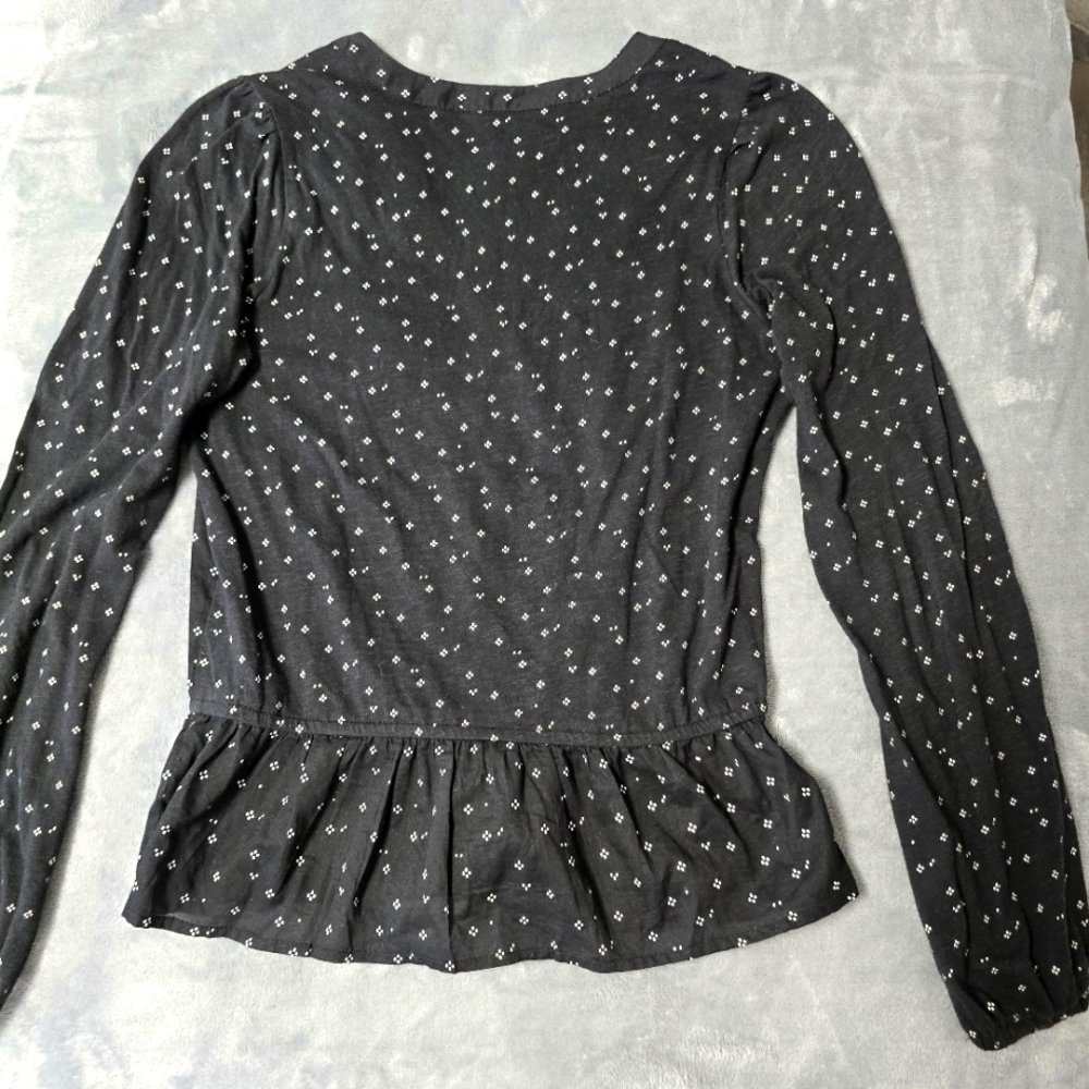 2/$30 Lucky Brand Black Cottagecore Boho Womens Blouse Size XS Polka Dot Cotton - Picture 6 of 10